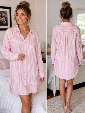 Victoria’s Secret Pink Metallic Stripe Button Front Sleep Shirt Pajama Tunic XL